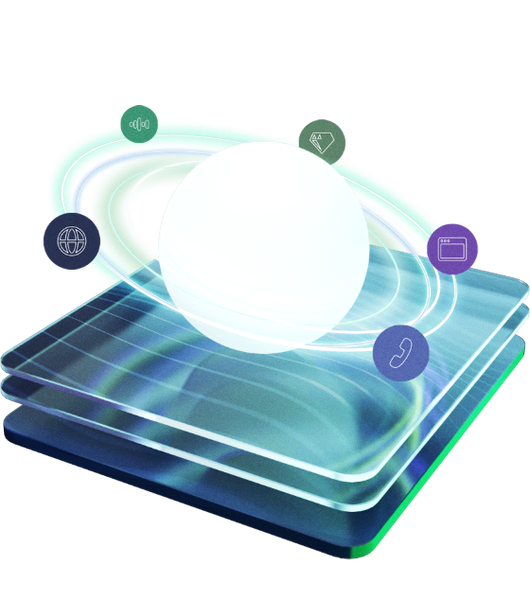 3D Illustration of multiple flat rectangular planes with a glowing orb on top of it, surrounded by different services