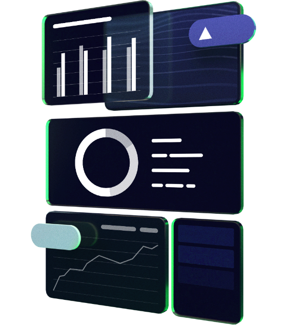 3D illustration of an abstract representation of a dashboard made of multiple panels with graphs