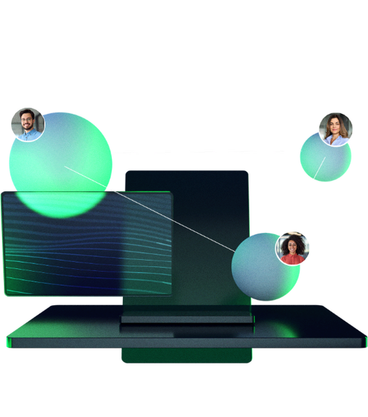 3D Illustration of a desk with avatars floating over it
