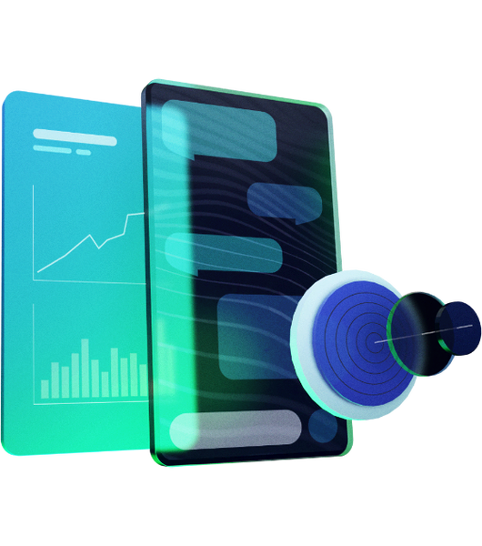 3D Illustration of of multiple planes overlaying with graphs overlaying the design