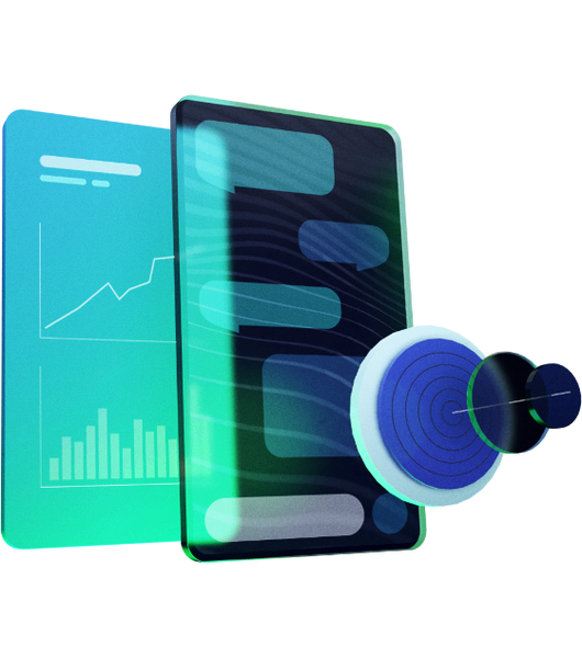 3D Illustration of of multiple planes overlaying with graphs overlaying the design