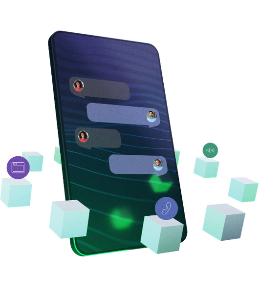 3D Illustration of a phone with cubes representing different channels floating around it