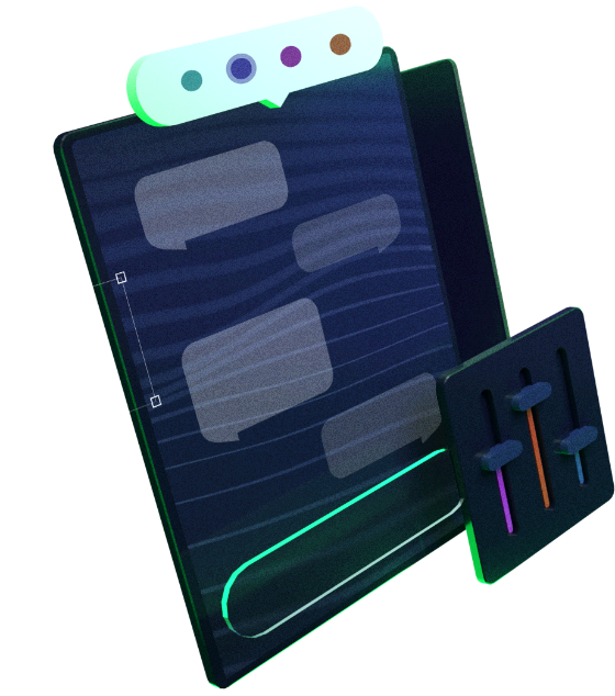 A 3D illustration of a chat window with customisable colors and sliders floating over it